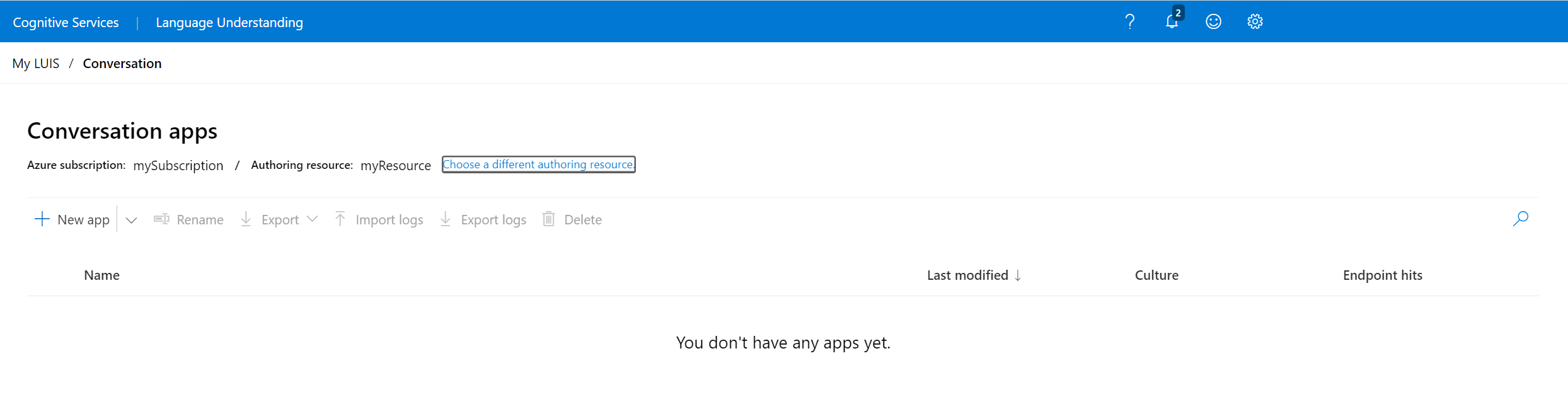 Select authoring subscription and authoring resource