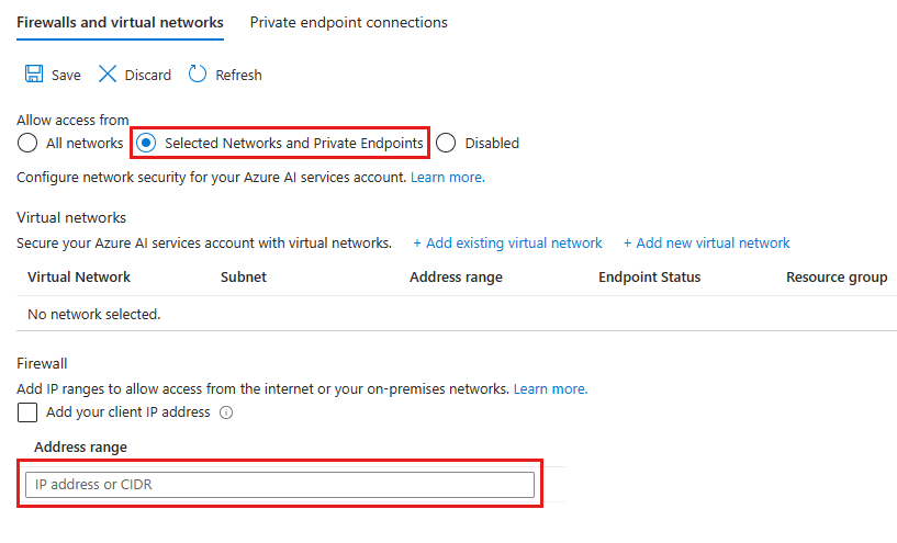 Screenshot shows the Networking page with Selected Networks and Private Endpoints selected and the Address range highlighted.