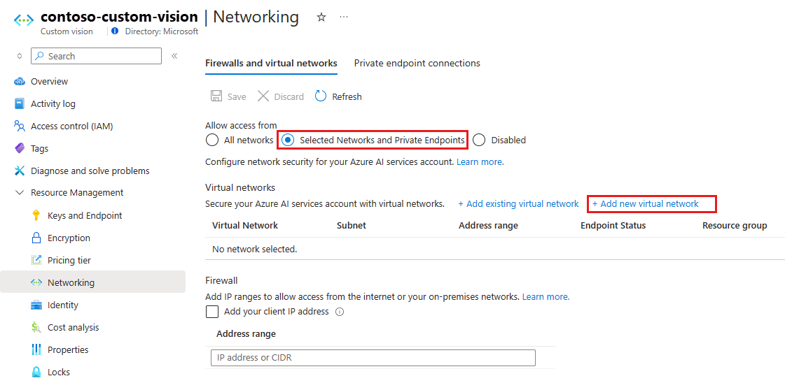 Screenshot shows the Networking page with Selected Networks and Private Endpoints selected and Add new virtual network highlighted.