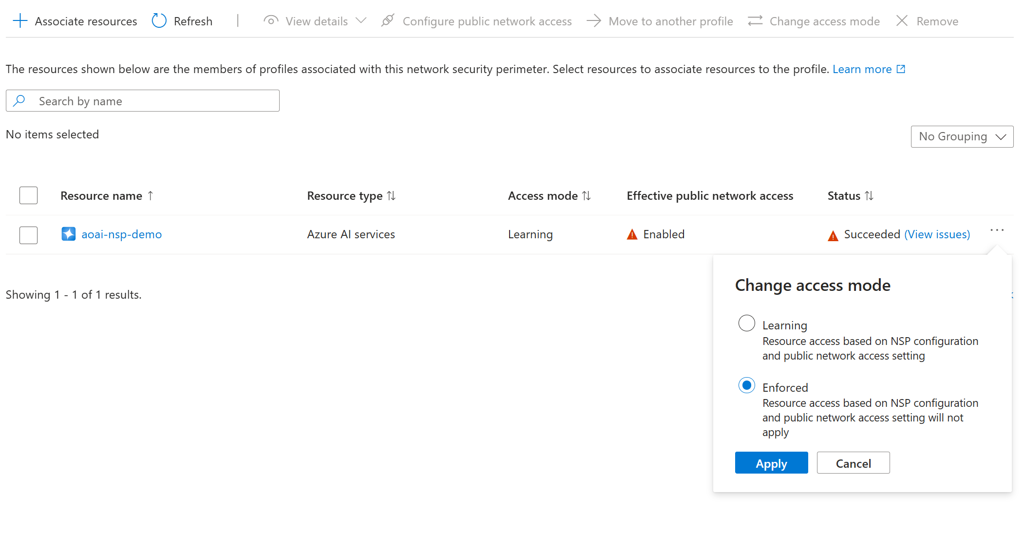 A screenshot showing the button to apply the access mode.