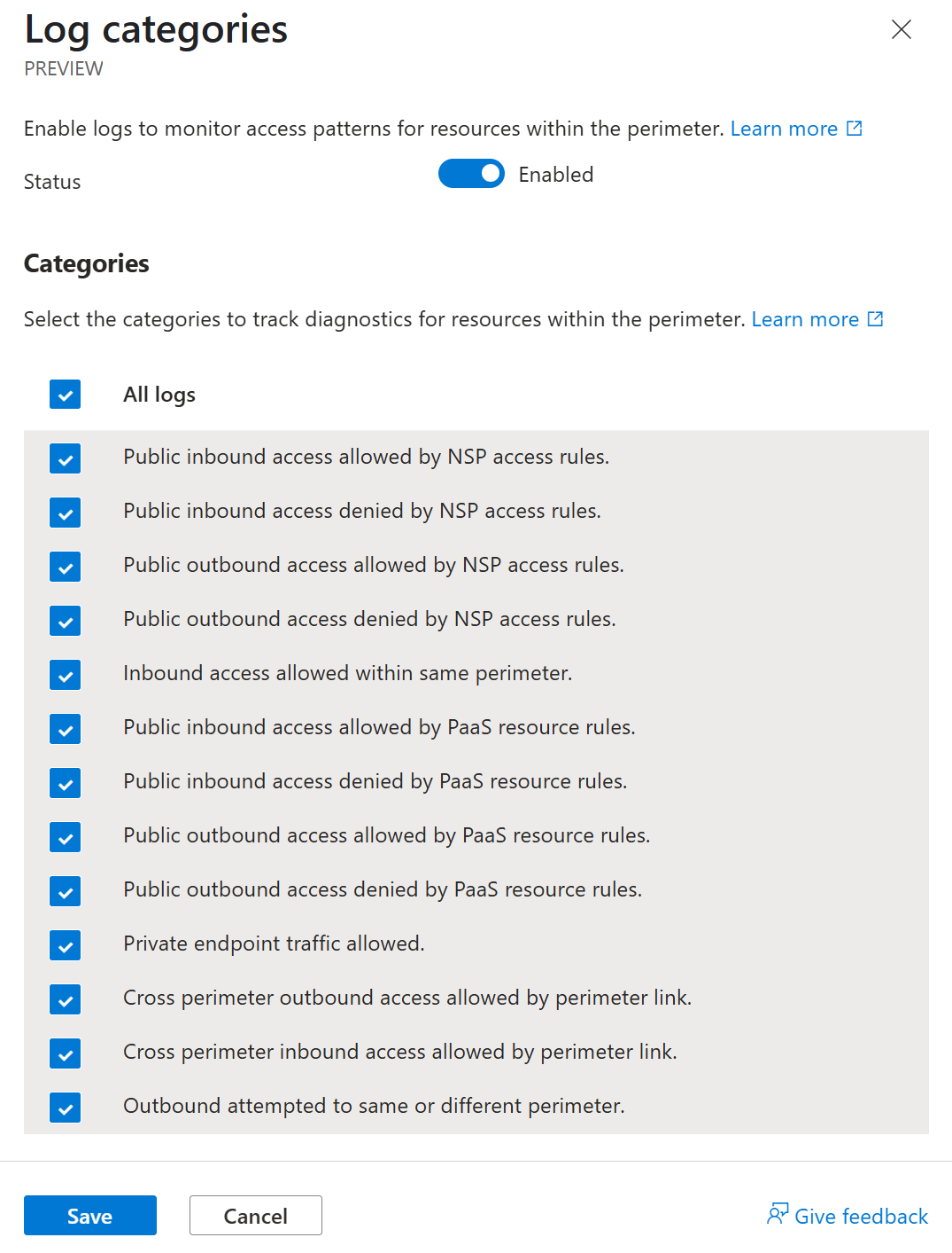 A screenshot showing the available log categories.