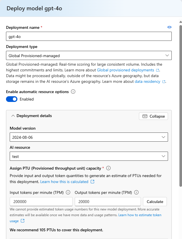 A screenshot of deployment workflow PTU capacity calculator.
