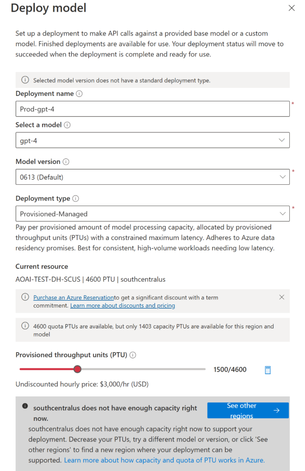 Screenshot of the Azure AI Foundry portal deployment page for a provisioned deployment with no capacity available.