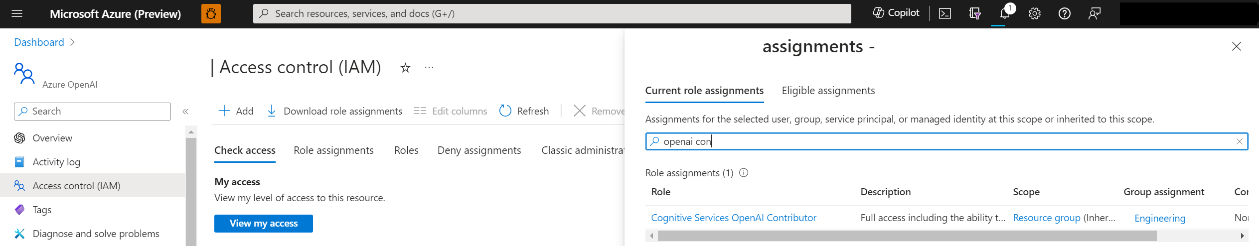 A screenshot showing the cognitive services OpenAI contributor role in the Azure portal.