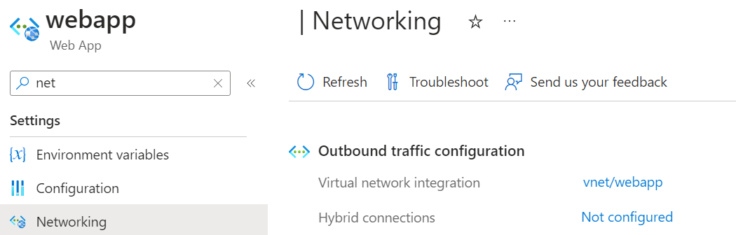 A screenshot showing outbound traffic configuration for the web app.