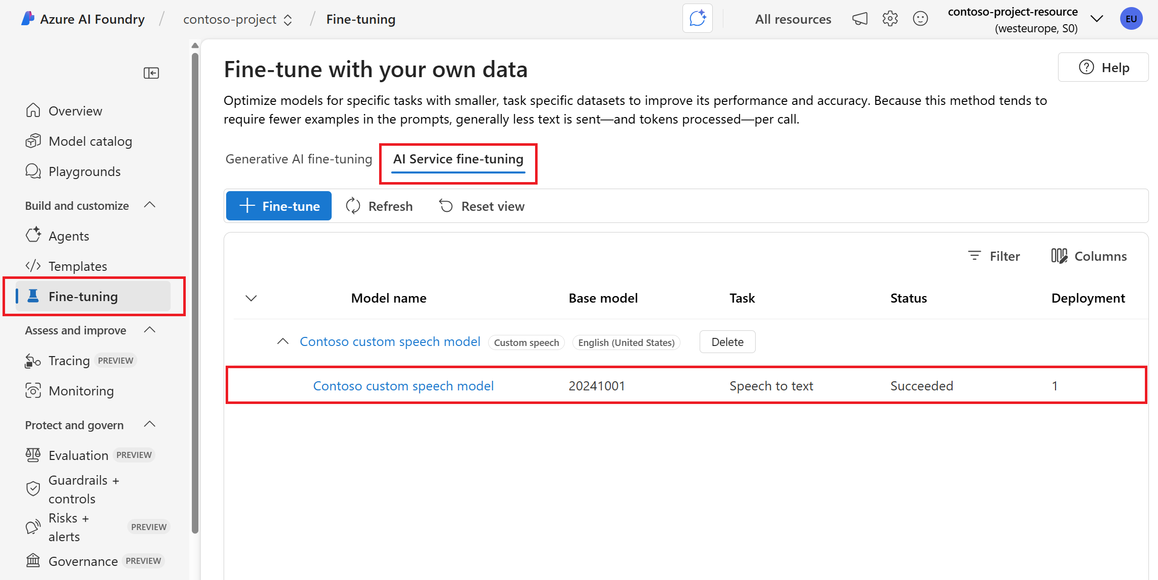 Screenshot of the page where you can view fine-tuned AI services models.