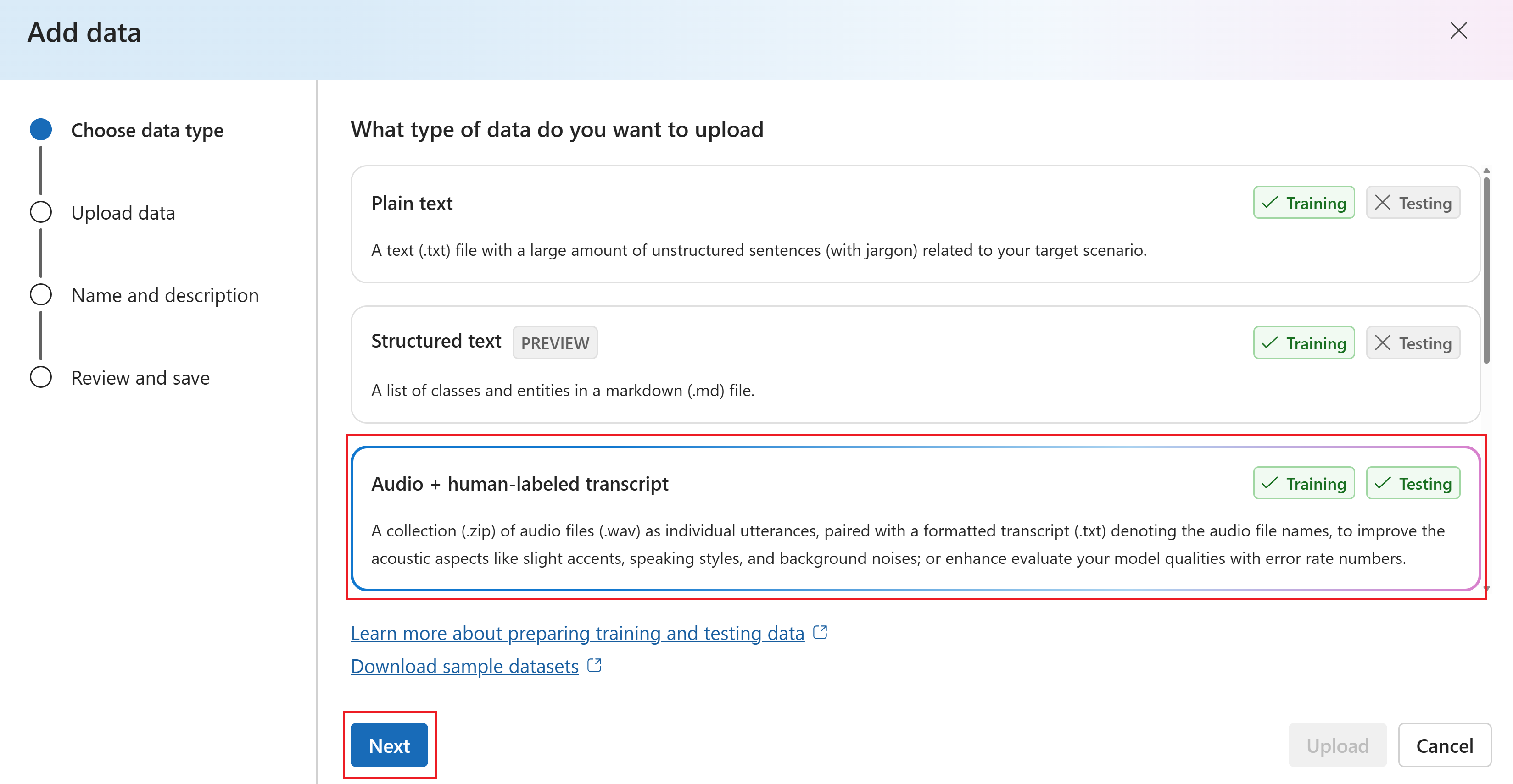 Screenshot of the page with an option to select the type of training data you want to add.