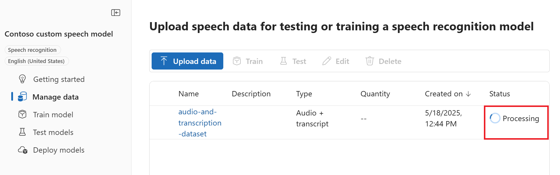 Screenshot of the page that shows the status of the data as processing.