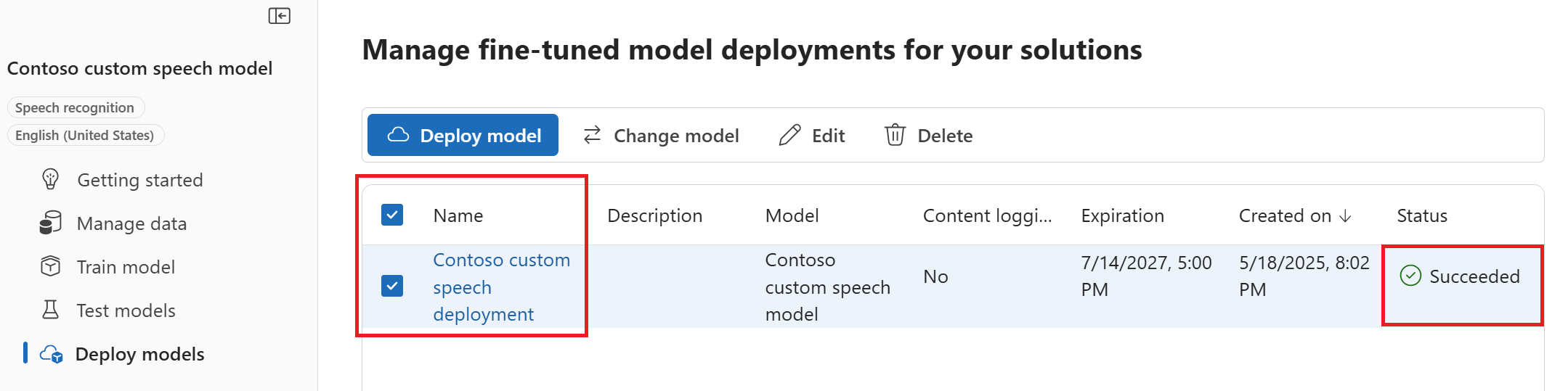 Screenshot of the page with an option to select the deployment to view the details like the endpoint ID.