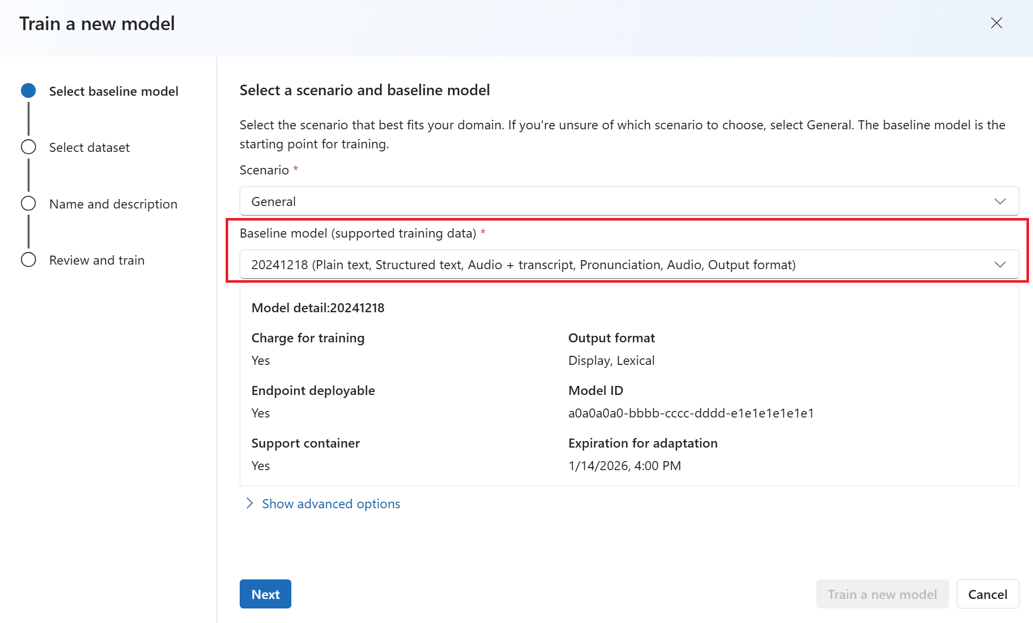 Screenshot of the page with an option to select the base model that you want to fine-tune.