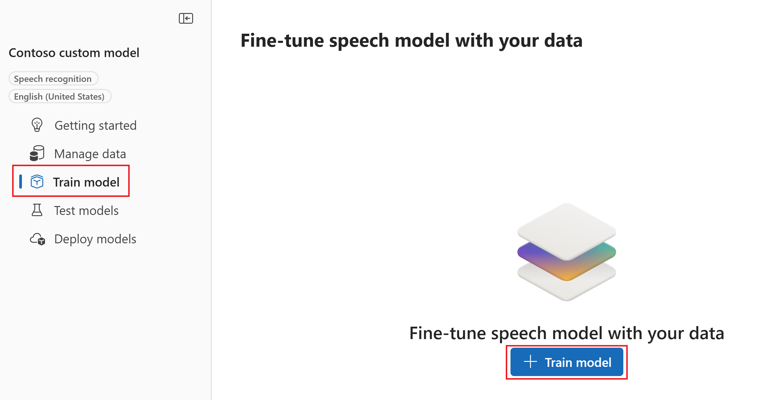 Screenshot of the page with an option to start training for a custom speech model.