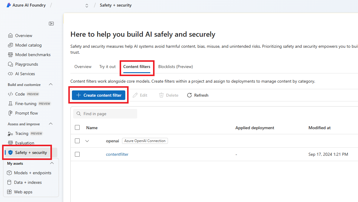 Screenshot of the button to create a new content filter.