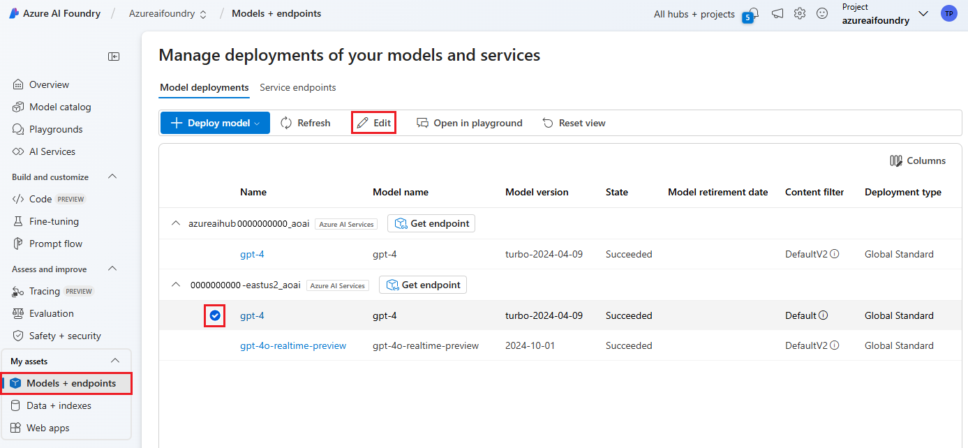 Screenshot of the button to edit a deployment.