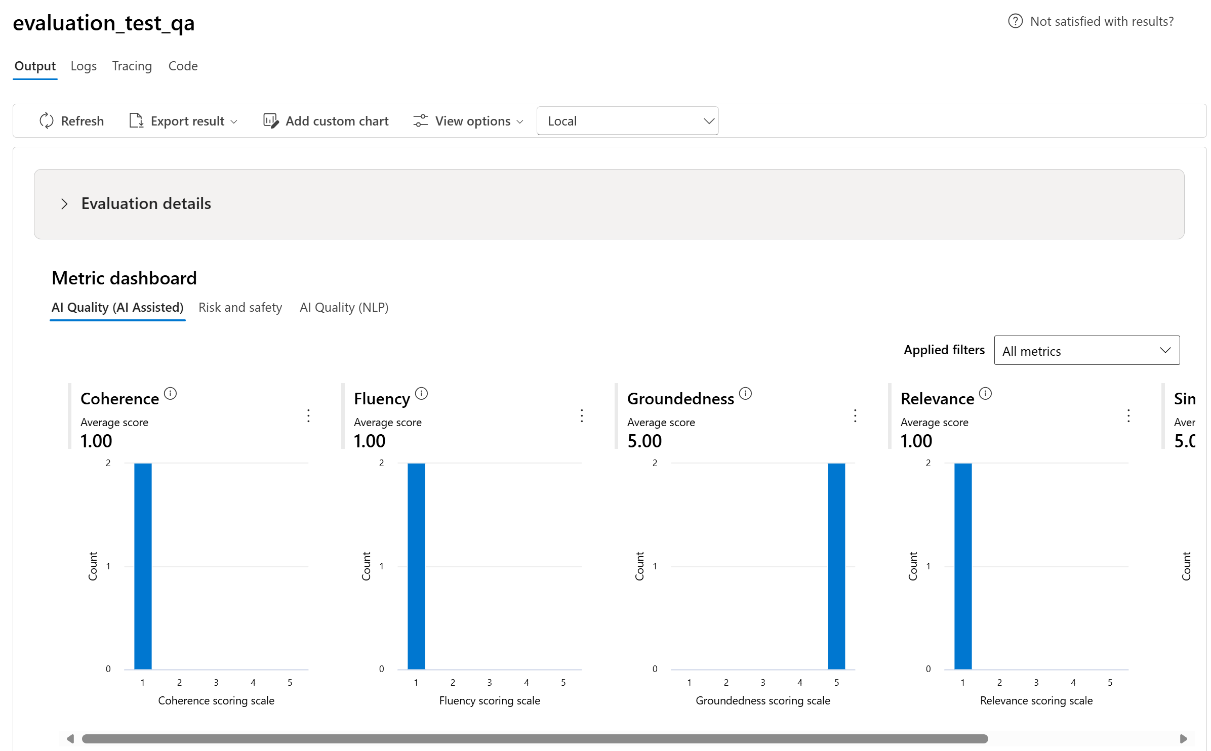 Screenshot that shows the AI quality (AI Assisted) metrics dashboard tab.