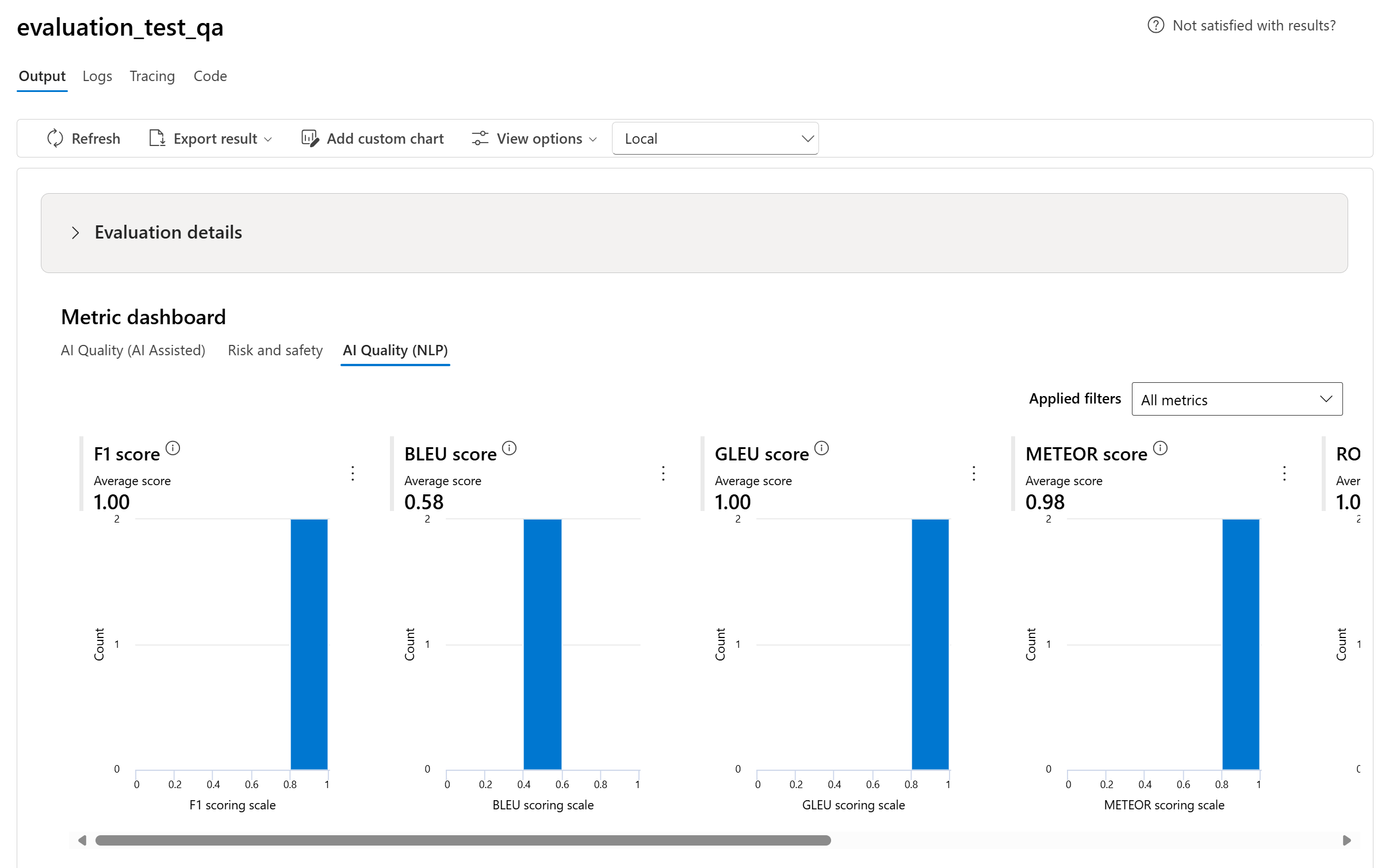 Screenshot that shows the AI quality (NLP) dashboard tab.