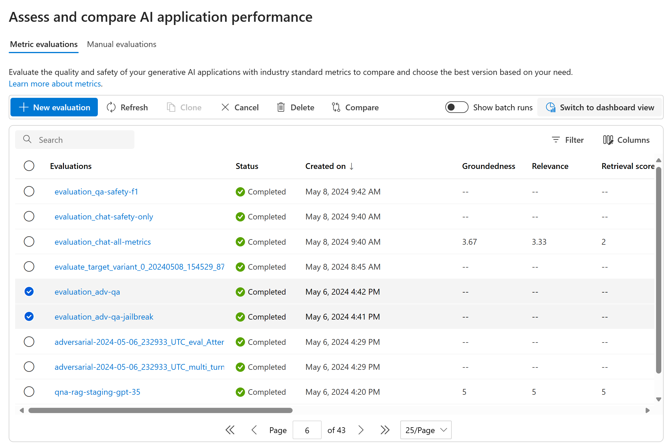 Screenshot that shows the option to compare evaluations.