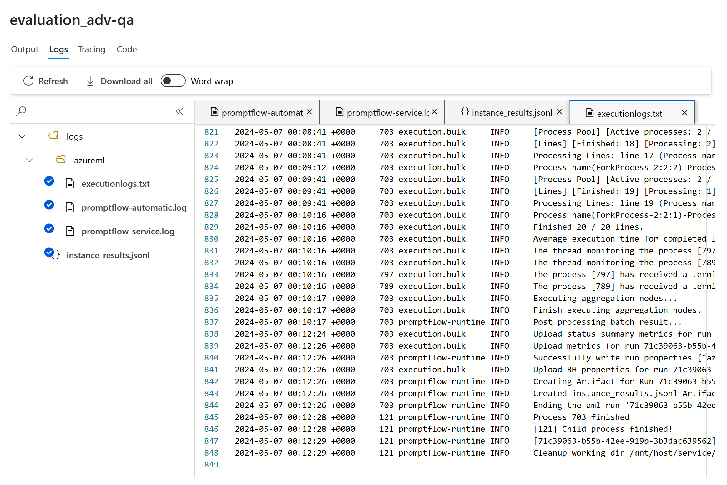 Screenshot that shows logs that you can use to debug your evaluation run.