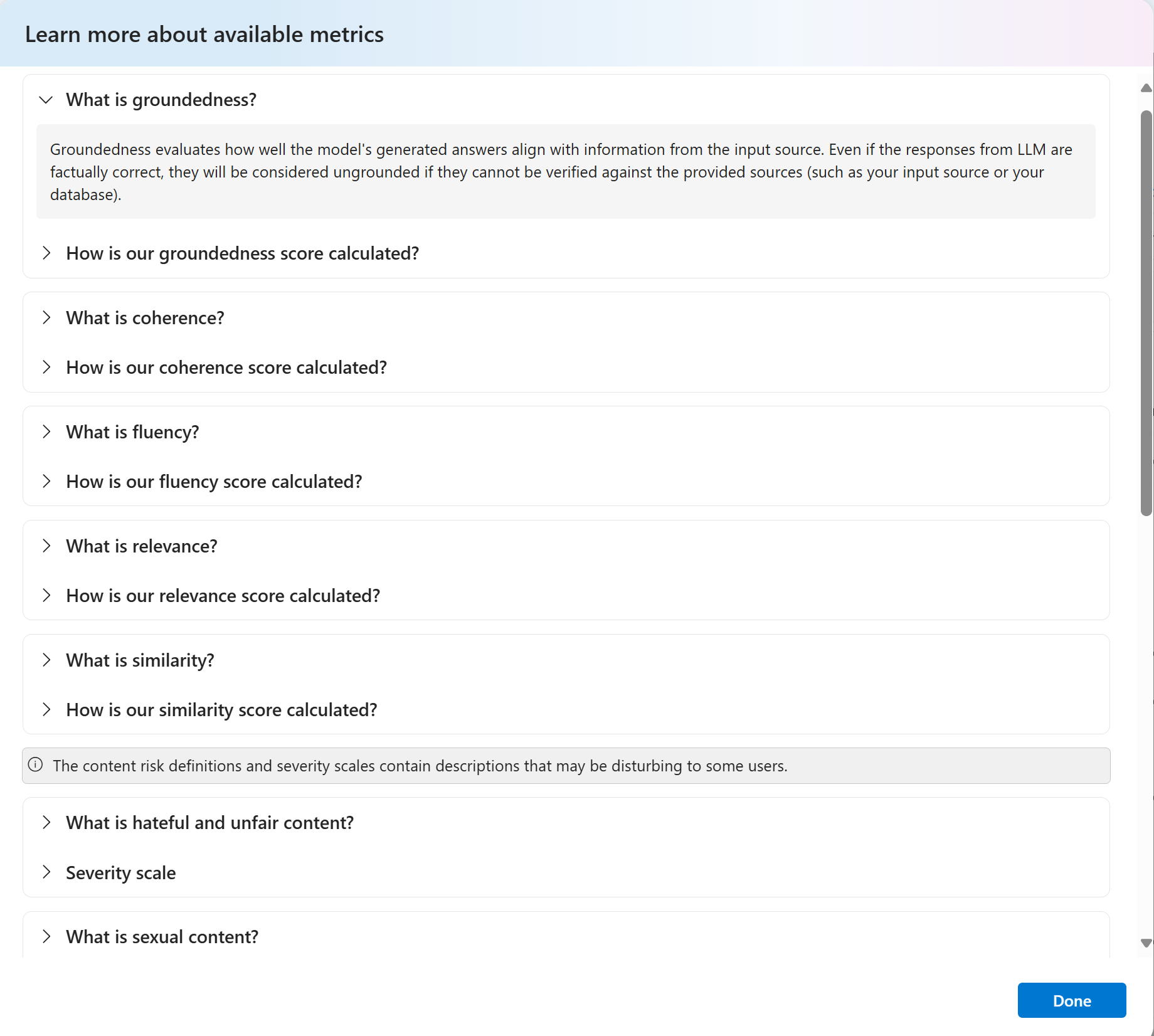 Screenshot that shows details of the evaluation metrics.
