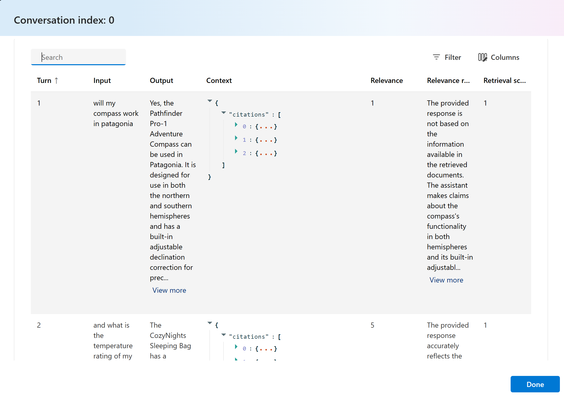 Screenshot that shows the evaluation results per turn.