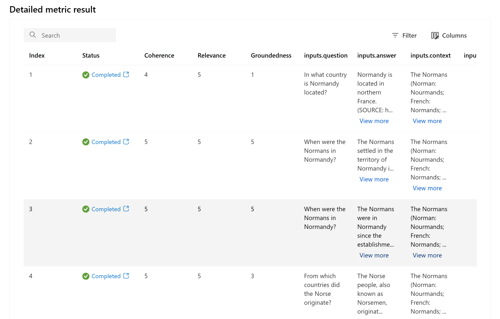 Screenshot that shows metrics results for the question-answering scenario.