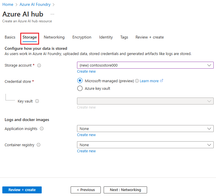 Screenshot of the Create a hub with the option to set storage resource information.