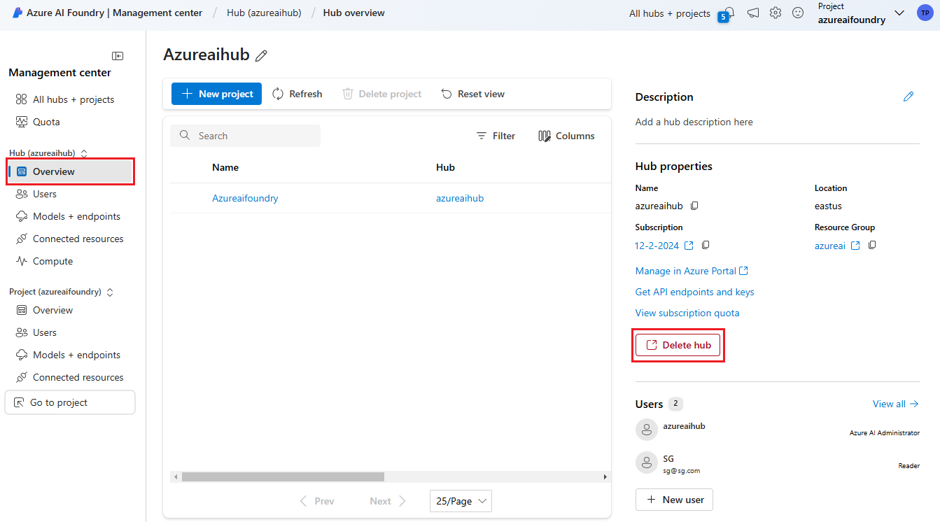 Screenshot of the delete hub link in hub properties.