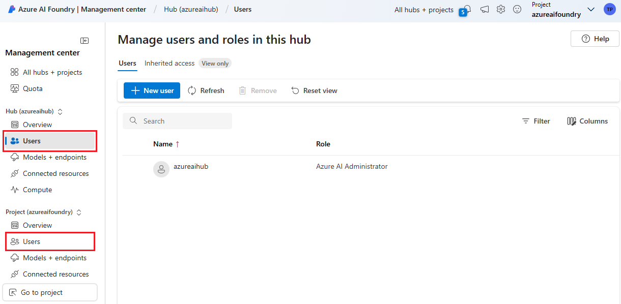 Screenshot of the users area of the management center for a hub.
