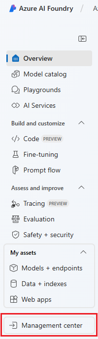 Screenshot of the left menu of Azure AI Foundry with the management center selected.