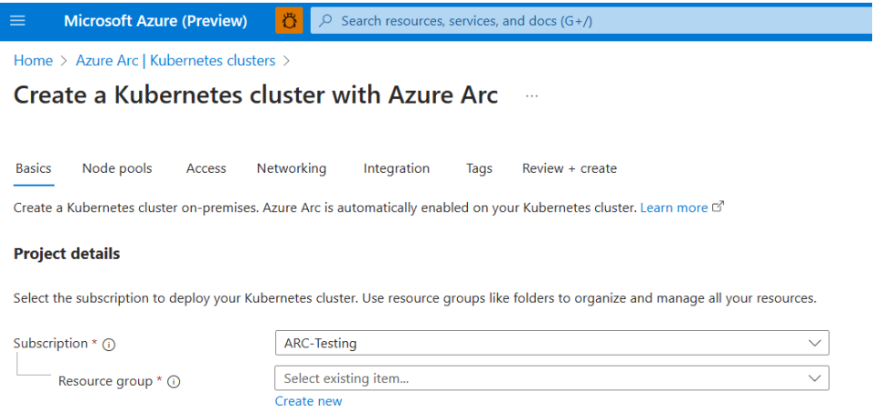Screenshot showing Basics page for cluster creation on portal.