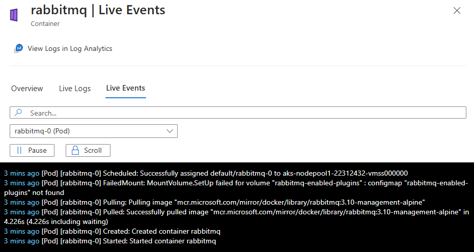 Screenshot that shows the container Live Events option to view data.