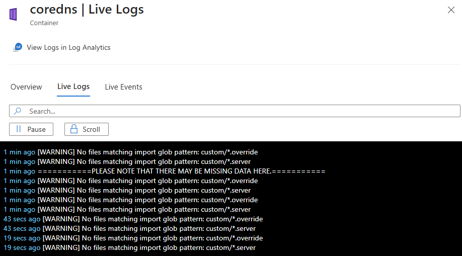 Screenshot that shows the container Live Logs option to view data.
