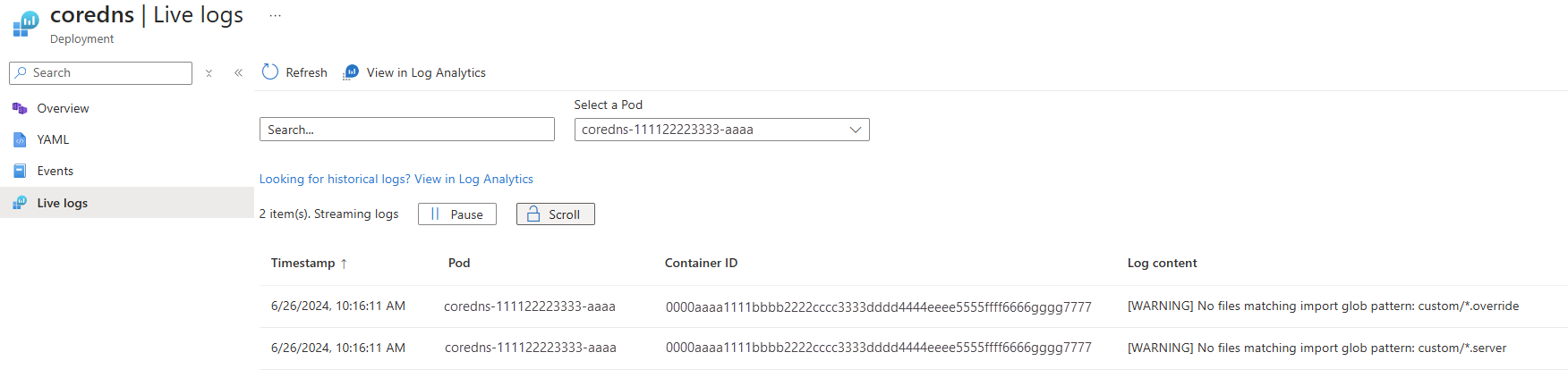 Screenshot that shows the deployment of live logs.