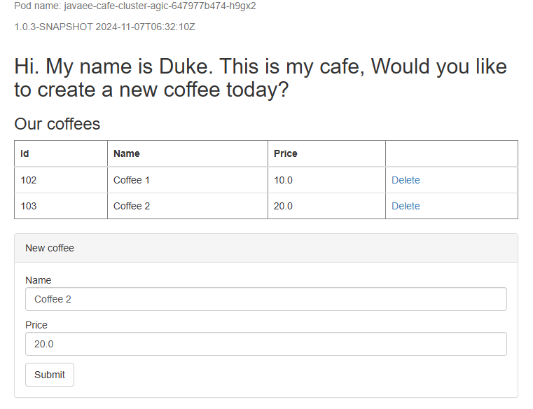 Screenshot of the Java liberty application successfully deployed on AKS.