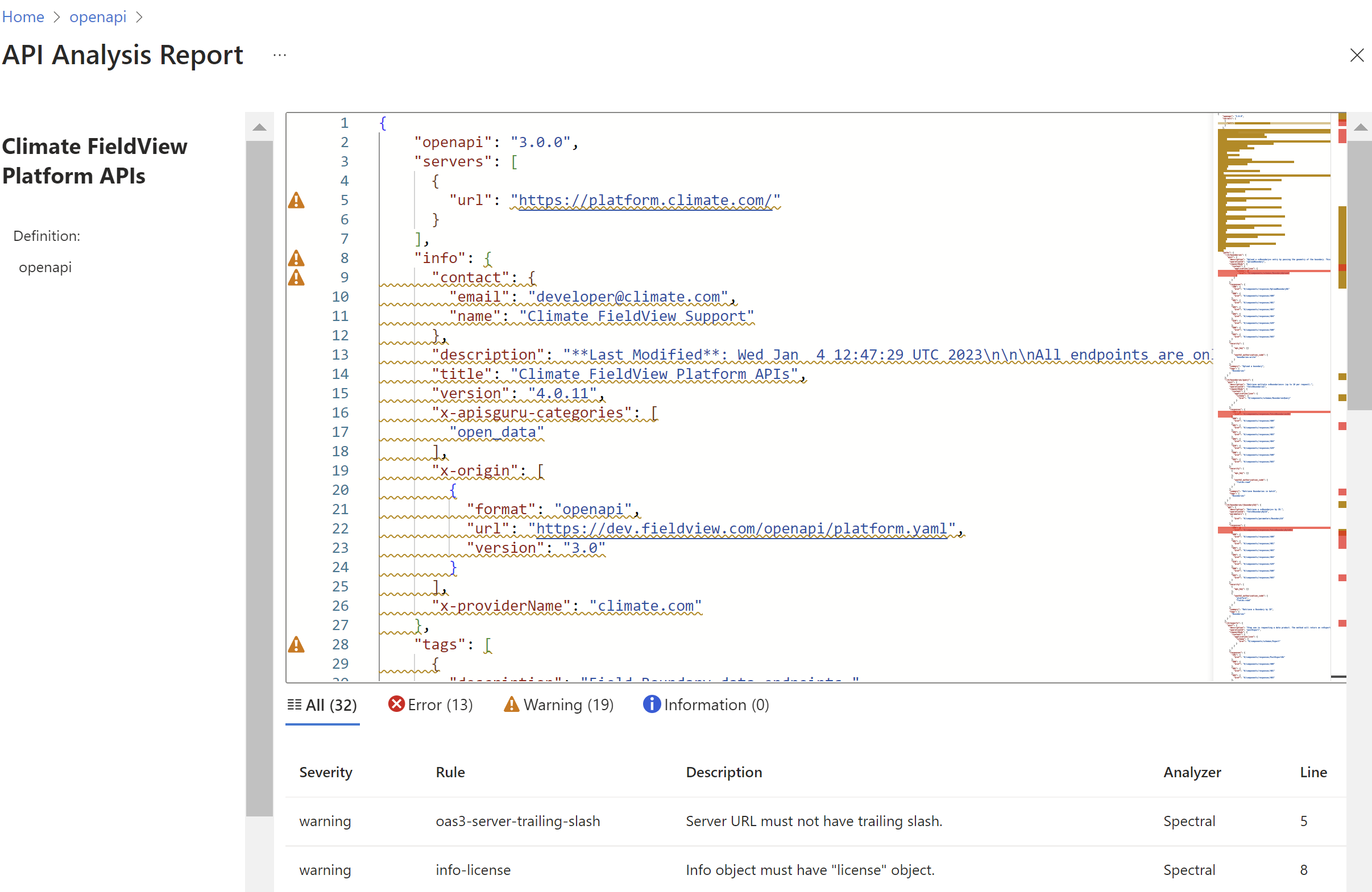Screenshot of an API analysis report in the portal.
