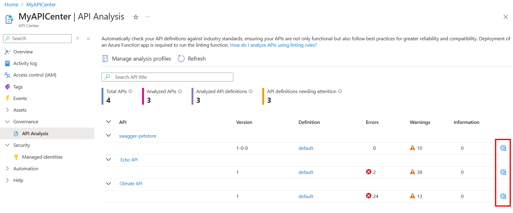 Screenshot of the API analysis summary in the portal.