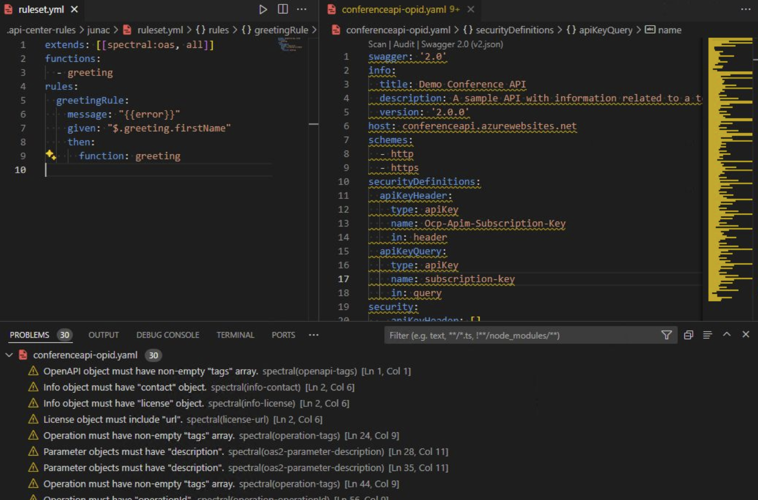 Screenshot of linting an API definition in Visual Studio Code.
