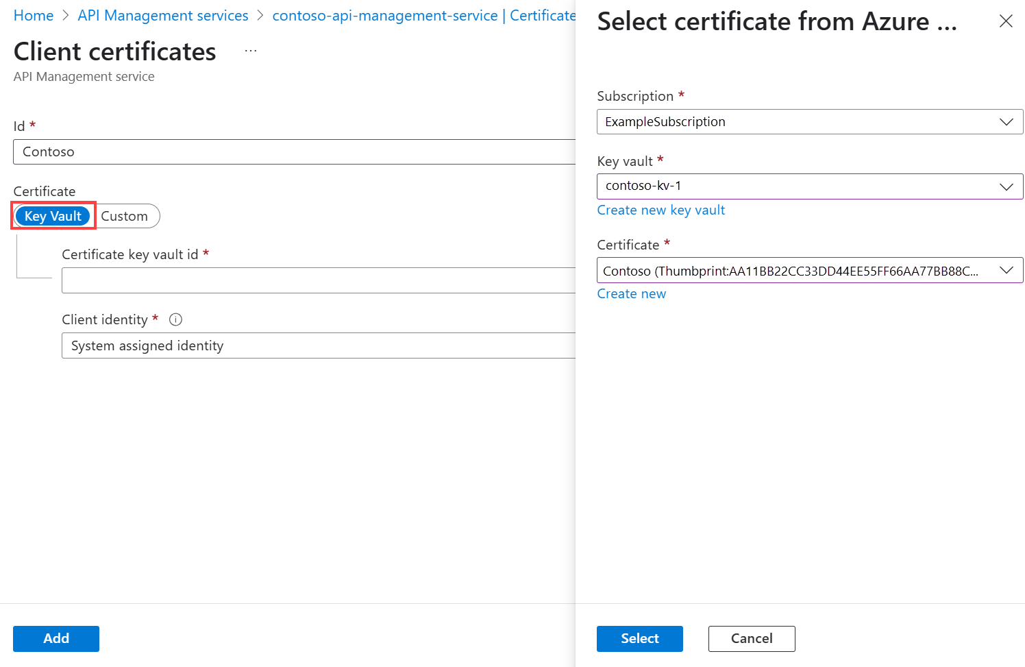Screenshot that shows how to add a key vault certificate to API Management in the portal.