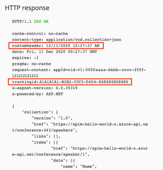 Screenshot of a Test API response.
