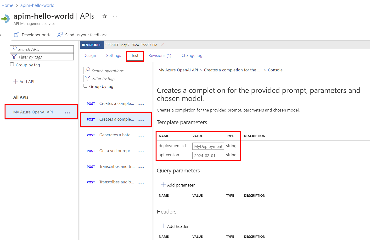 Screenshot of testing an Azure OpenAI API in the portal.