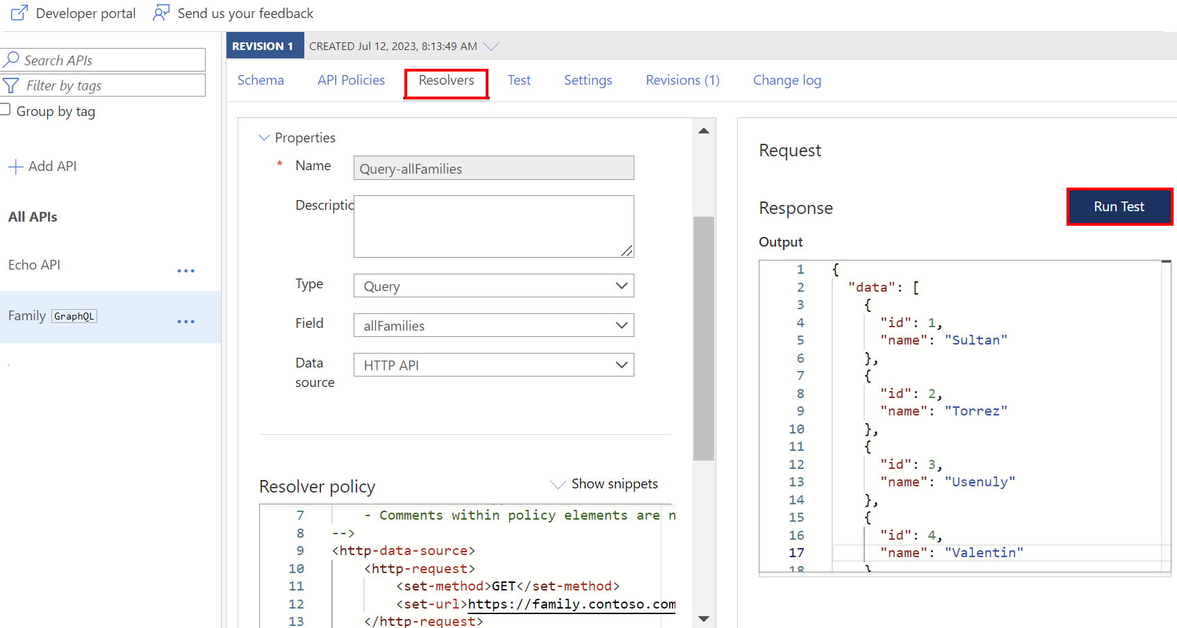 Screenshot of editing a resolver in the Azure portal.