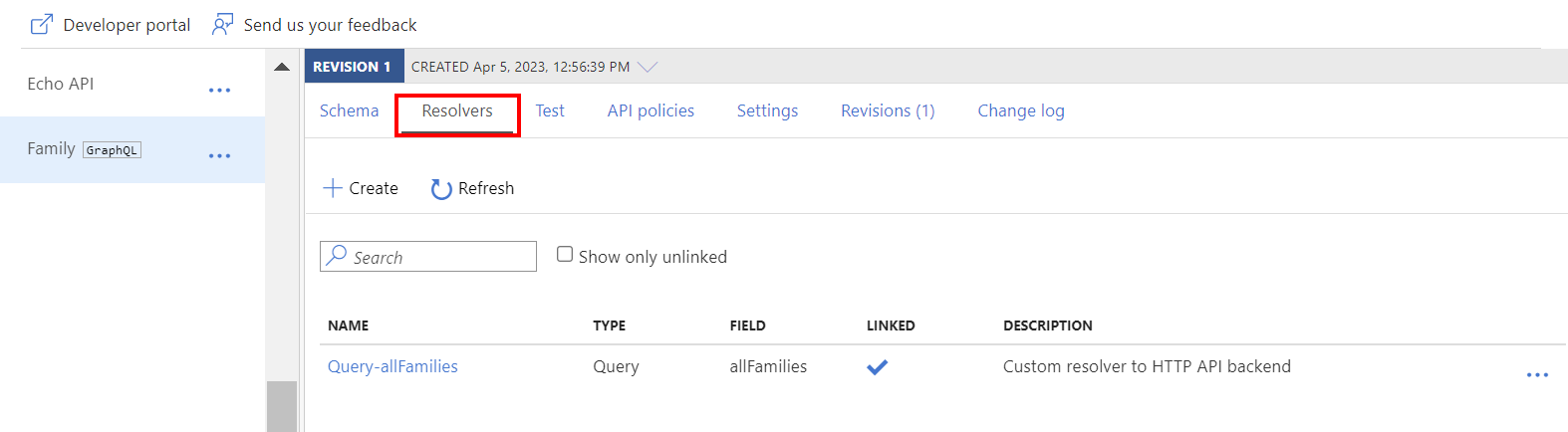 Screenshot of the resolvers list for GraphQL API in the Azure portal.