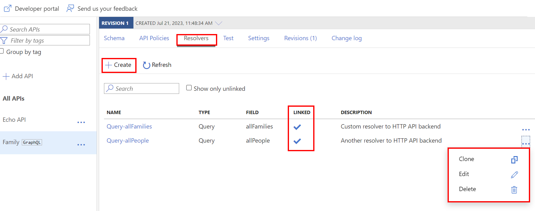 Screenshot of managing resolvers for GraphQL API in the Azure portal.