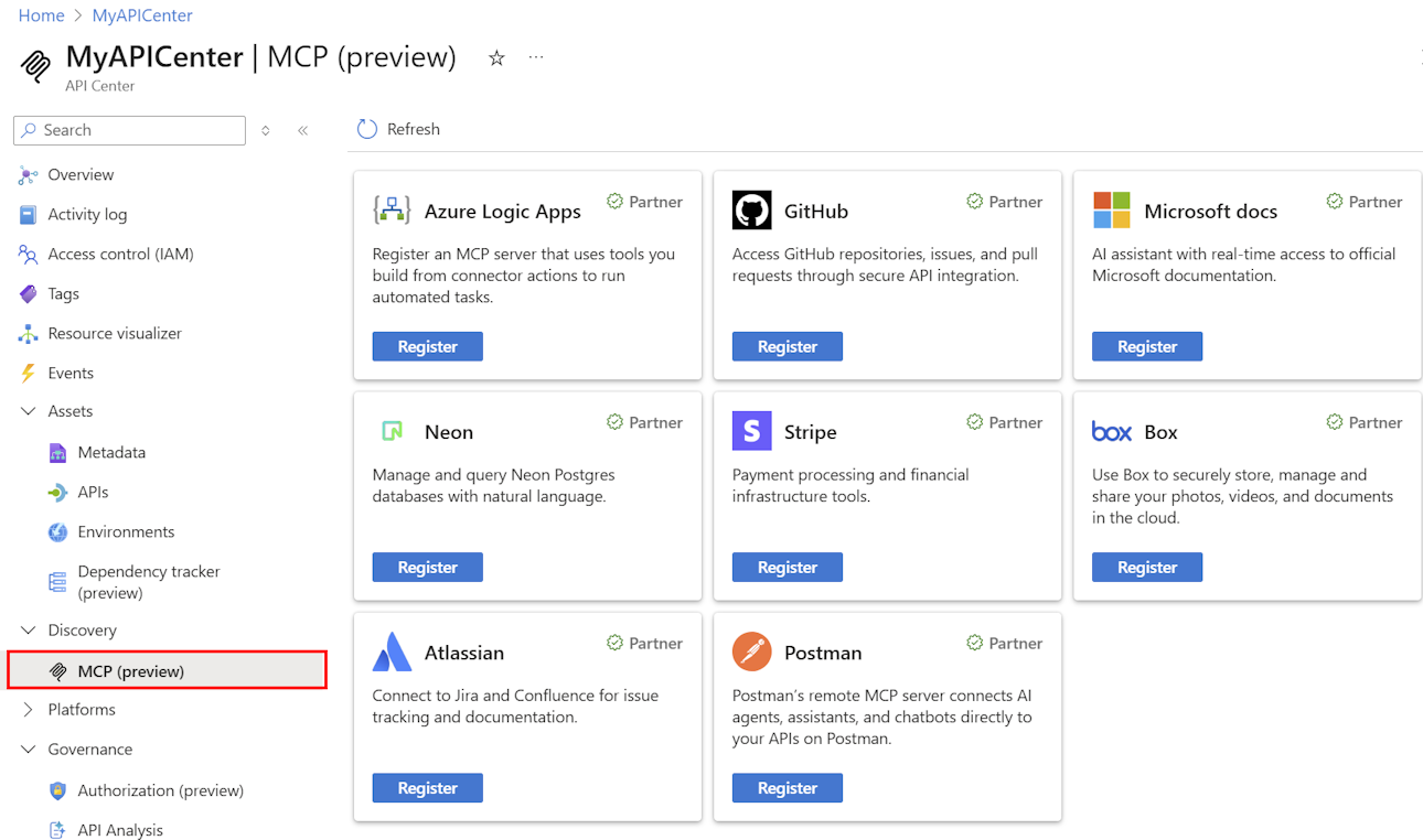 Screenshot of MCP servers in API Center in the portal.
