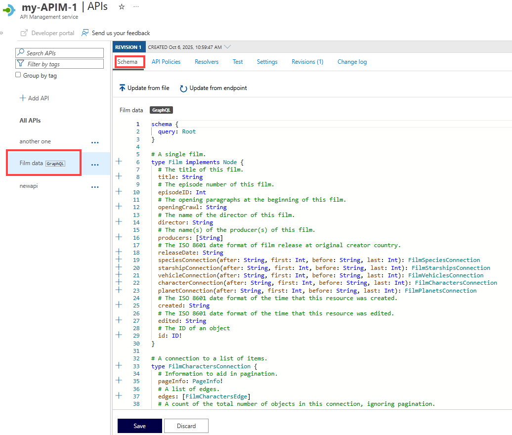 Screenshot of the GraphQL schema in the portal.