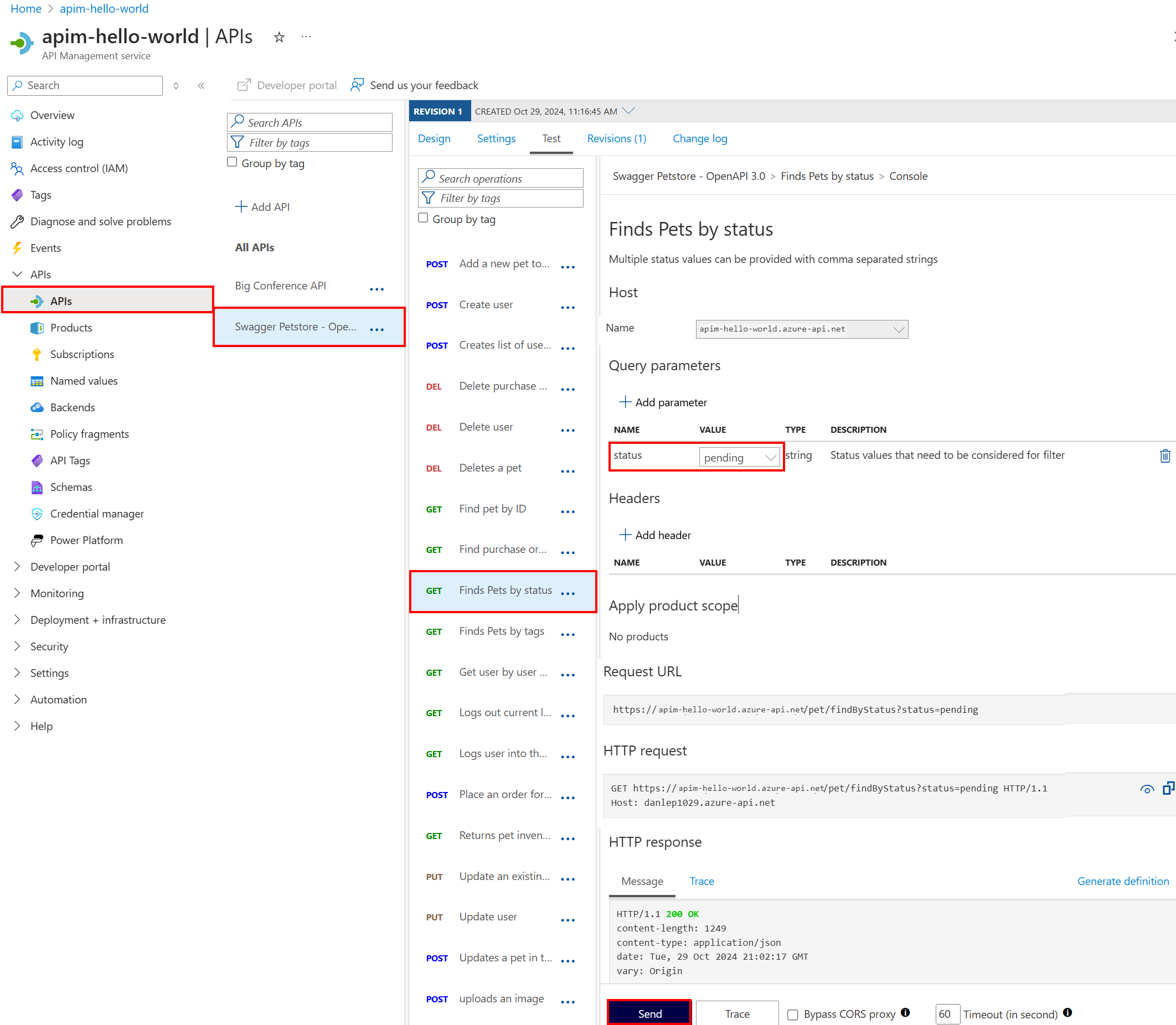 Screenshot of testing an API in Azure portal.