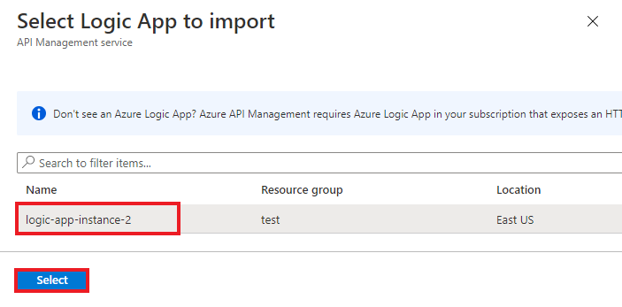 Screenshot that shows the Select Logic App to import window.