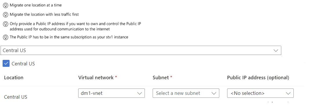 Screenshot of selecting network migration settings in the portal.