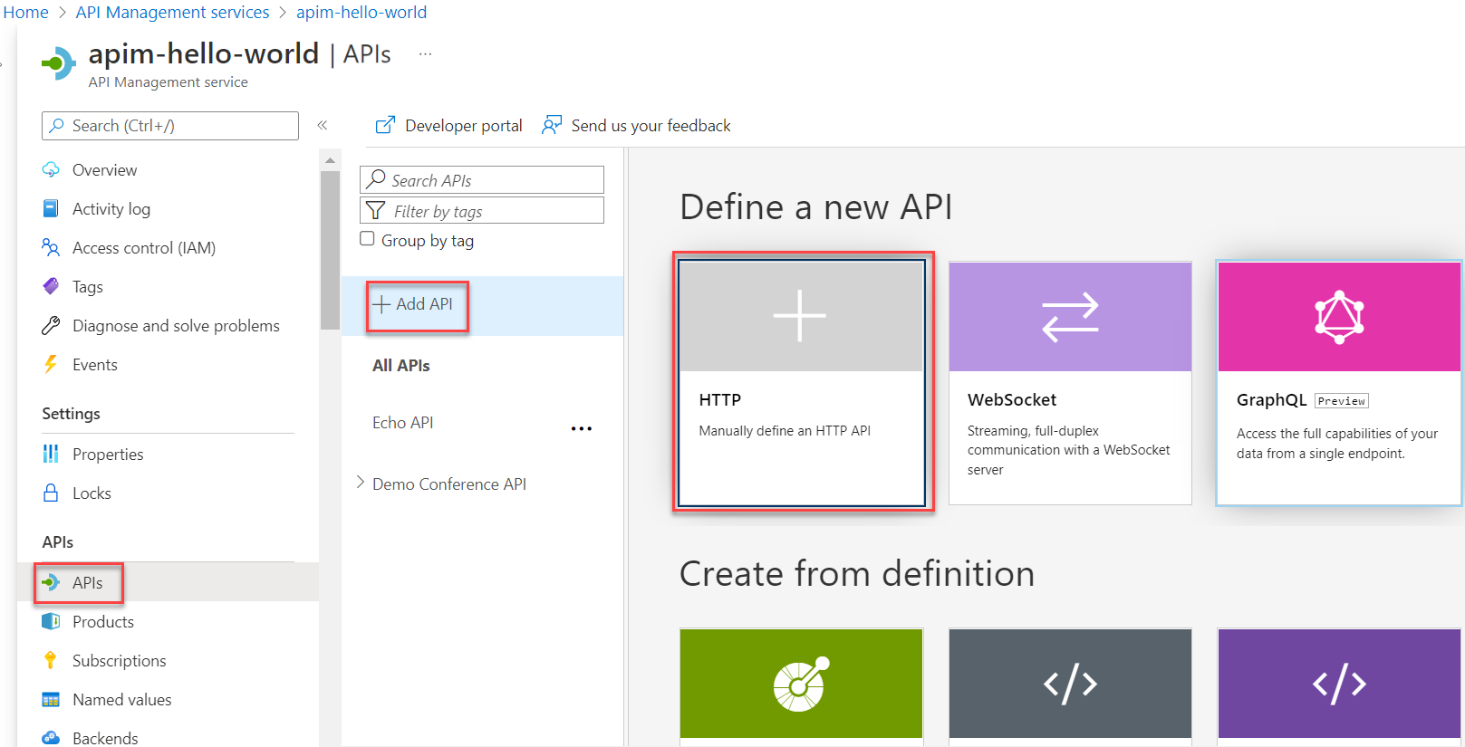 Screenshot that shows the first steps for defining an API.