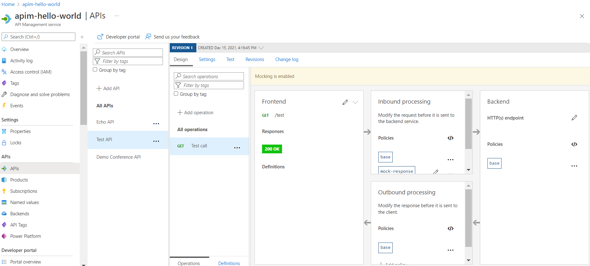 Screenshot that shows the APIs page in the Azure portal.