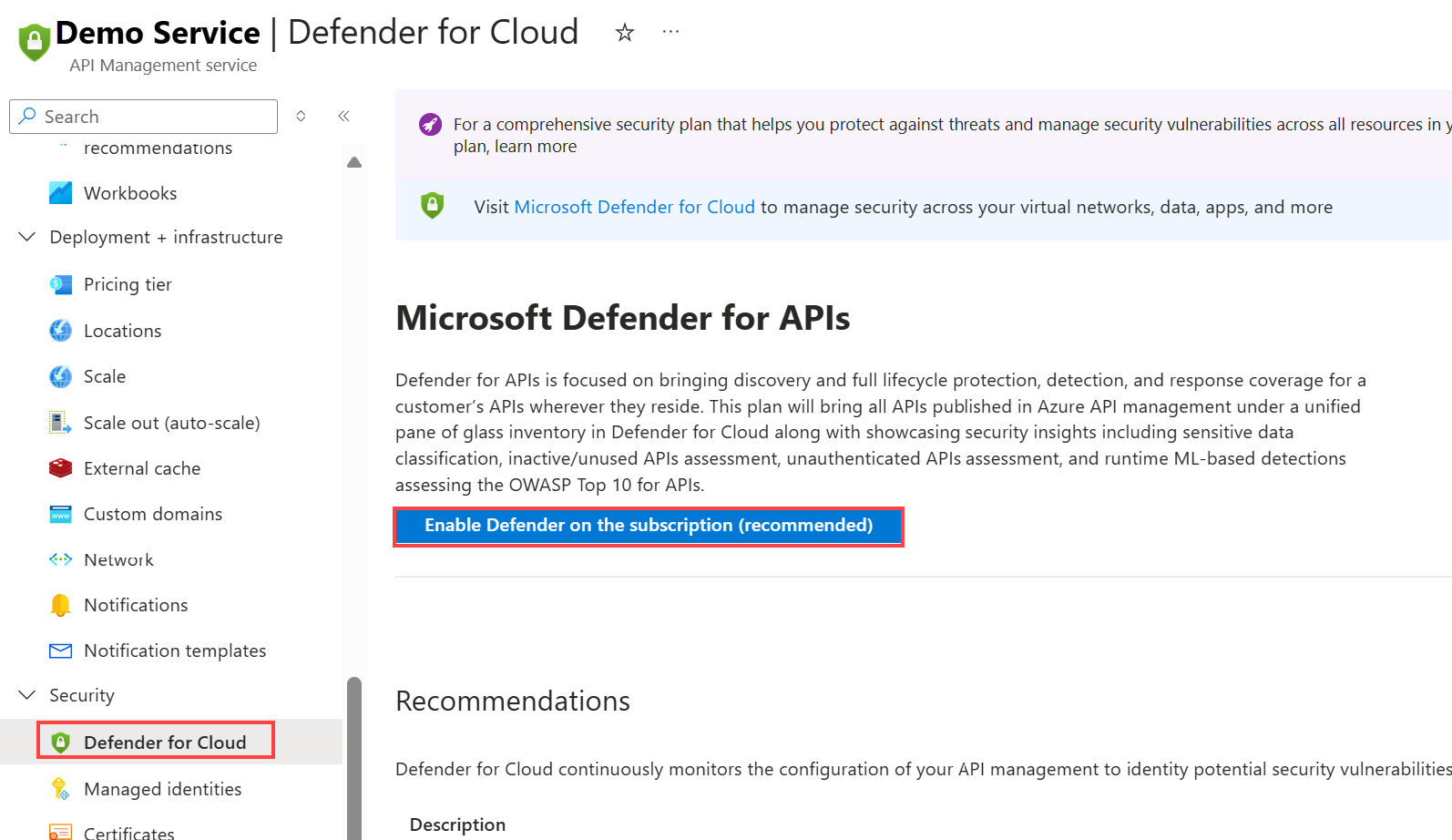 Screenshot showing how to enable Defender for APIs in the portal.
